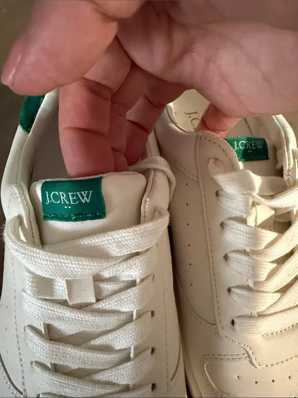 J. Crew White Leather Sneakers with Green Heel Accent